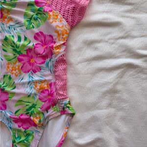 Art Class Pink and Green Floral Kids Swim One Piece